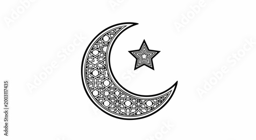 Ornate crescent moon with geometric patterns and a multi-layered star