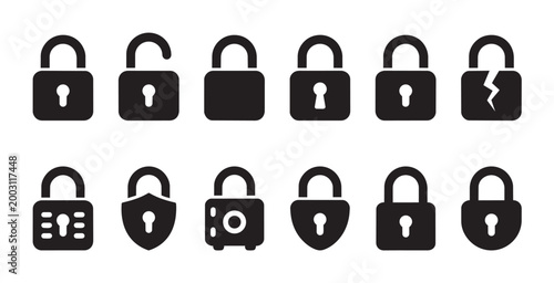 A collection of black vector lock icons representing security, with variations including unlocked, open, broken, and different styles on a white background.