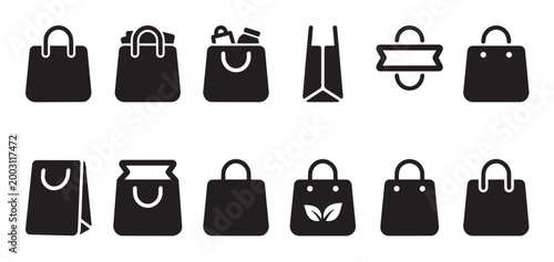 A collection of black shopping bag icons on a white background, representing various shopping and retail concepts.