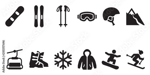 A collection of black vector icons representing various winter sports and mountain elements on a white background, perfect for design projects.