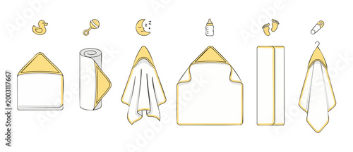 Baby Hooded Towel Collection Set, Soft Organic Cotton Bath Wraps for Newborns and Infants, Isolated Minimalist Vector Flat Illustration with Nursery Accessories and Cute Yellow Accents for Parenting D