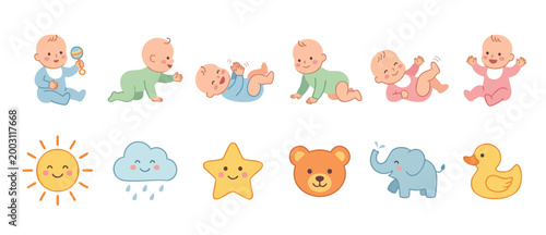 Cute Baby Icons Set with Toys and Weather Symbols, Vector Illustration of Happy Infants Playing and Smiling Cartoon Elements for Nursery Decoration, Greeting Cards, Social Media Design Assets