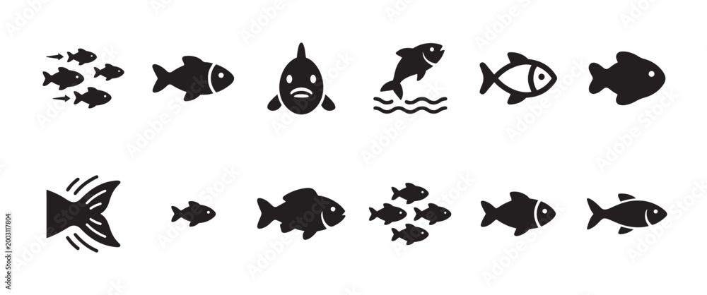 Obraz premium A collection of simple black silhouette icons representing various fish actions including schooling, swimming, and a fish jumping out of water.
