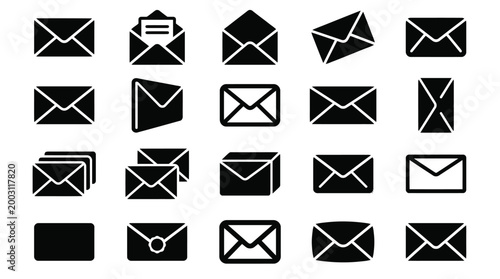 Black Email Icon Set on White Background