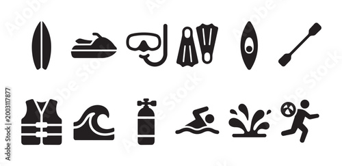 A collection of black vector icons representing various water sports and activities, including a surfboard, jet ski, snorkeling gear, and a life vest.