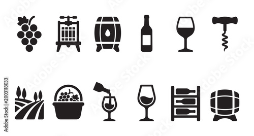 A collection of black icons represents various aspects of wine production and consumption, including grapes, barrels, bottles, and glasses.