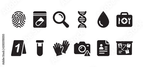 A collection of black and white flat icons representing elements of forensic investigation and crime scene analysis, suitable for conceptual use.