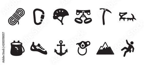 A collection of black and white silhouette icons representing various rock climbing and mountaineering equipment and symbols on a clean white background.