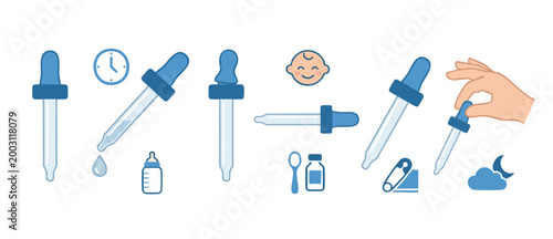 Baby Medicine Dropper Icon Set, Pediatric Dosage Icons for Infants, Medical Care Elements with Bottle, Spoon and Clock for Health Schedule Planning, Vector Graphic Illustration on Isolated Background