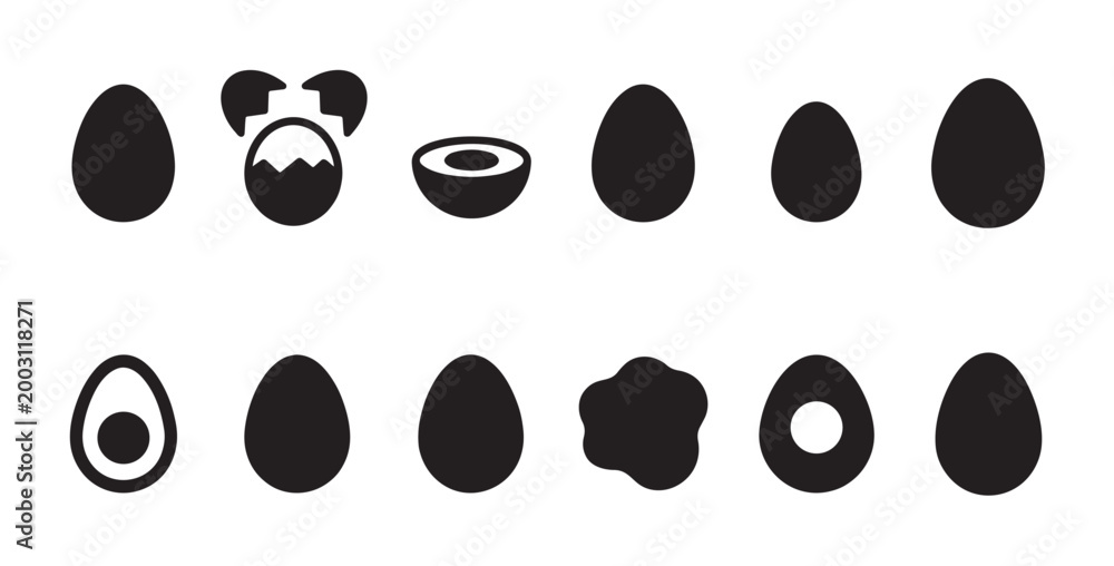 Fototapeta premium A collection of black silhouette icons representing eggs in different forms, from whole and cracked to sliced and fried, on a white background.
