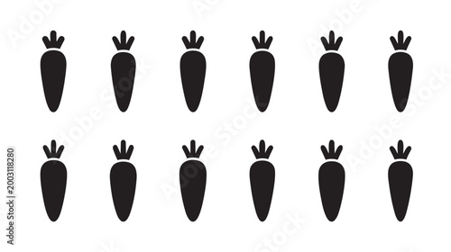 A repetitive pattern of simple black carrot icons is displayed against a clean white background, ideal for graphic design or health food concepts.