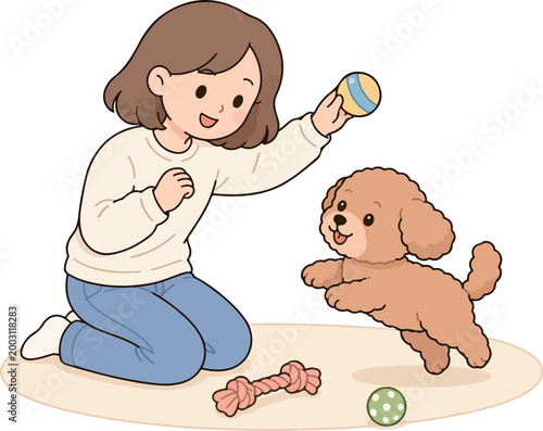 Woman playing with dog cute cartoon illustration pet playtime concept