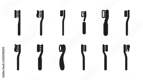 Collection of diverse black silhouette toothbrush icons on a clean white background, representing various styles and uses in dental hygiene.