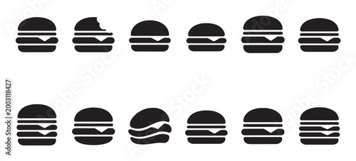 Collection of simple black and white silhouette icons of burgers, representing fast food and diverse burger options.