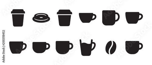 A collection of black silhouette icons representing various coffee cups, lids, and a coffee bean on a white background, ideal for menus and cafe branding.