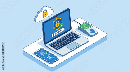 An imaginative representation of cybersecurity, featuring a laptop displaying a secure shield icon, surrounded by various tech elements, symbolizing data protection and security.