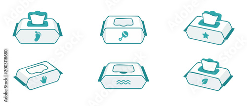 Baby Wet Wipes Packaging Set, Disposable Cleaning Tissues Icons, Hygiene Product Design, Minimalist Vector Illustration of Moist Towelette Containers for Parenting, Childcare, and Household Sanitizing