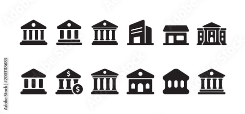 Collection of black silhouette icons depicting various bank and financial institution buildings, offering versatile design elements for finance and business themes.