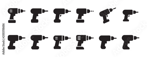 A clean, minimalist collection of black silhouette icons representing various cordless drills on a white background, ideal for design projects.