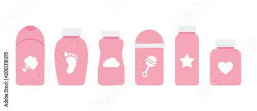 Baby Powder Bottles Set Pink Icons with Cute Symbols for Newborn Care and Hygiene Products Isolated on White Background for Infant Skin Care Concept and Nursery Accessories Packaging Design Elements