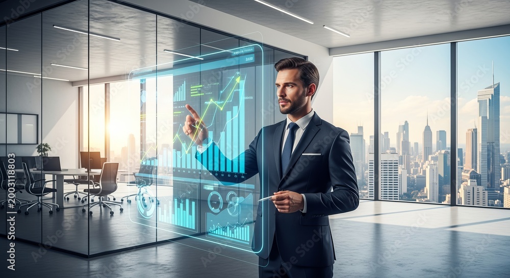 Fototapeta premium Dynamic Business Executive Analyzing Financial Projections with Holographic Data Visualization Tools