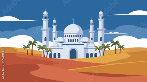 A stunning mosque stands gracefully in a desert landscape, surrounded by palm trees, showcasing the harmony between nature and architectural beauty in a serene environment.