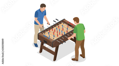 Two players intensely focus on a game of foosball, showcasing teamwork and competition in a lively environment that captures the essence of fun and community interaction.