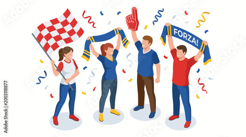 The image captures enthusiastic fans celebrating their sports team with flags and scarves, highlighting the emotional connection and unity that sports bring to communities.