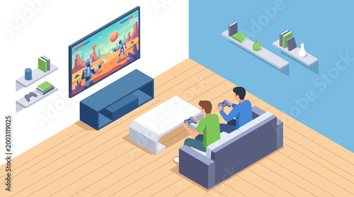 Two friends are seen enjoying a gaming session in a modern living room, complete with a large TV and comfortable seating, highlighting the fun and social aspect of gaming.