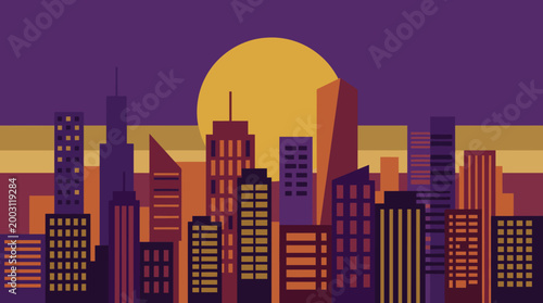 This stunning city skyline image features a vibrant sunset backdrop, creating a dramatic atmosphere that captures the essence of urban life and modern architecture.
