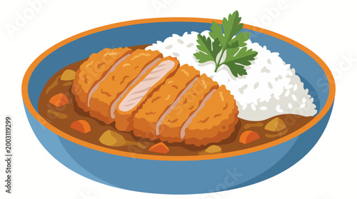 A mouthwatering bowl of chicken curry served with fluffy rice and garnished with a sprig of parsley, capturing the essence of delicious and comforting home-cooked meals.