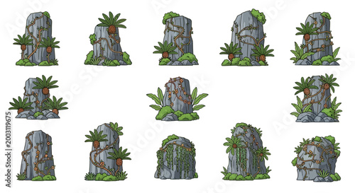 Konstfotografi A grid of 14 illustrated grey stone monoliths adorned with climbing vines orange