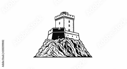 A stark, black and white illustration of a fortified tower perched atop a rugged, rocky peak