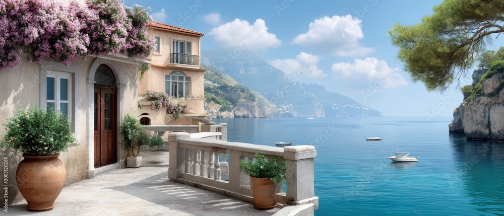 Fototapeta premium A sunny day shows a coastal scene with boats in the water, flowers blooming, and a village against the mountains