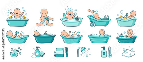 Baby Bathing Set with Cute Infant, Bathtub, Rubber Duck, and Soap Bubbles. Collection of Vector Icons and Characters for Healthcare, Hygiene, and Parenting Care Concept, Isolated on White Background.