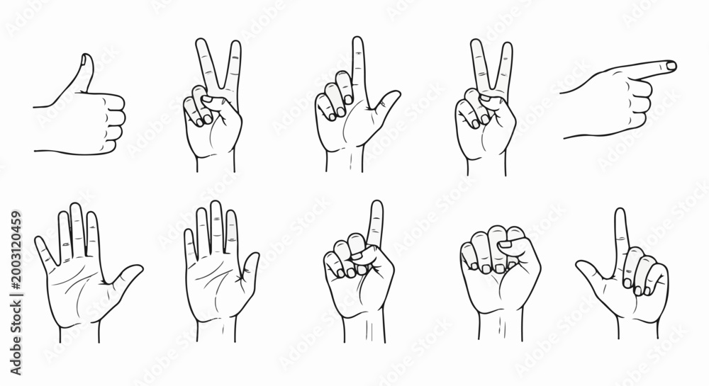 Fototapeta premium Collection of black and white line drawings of human hands showing various gestures