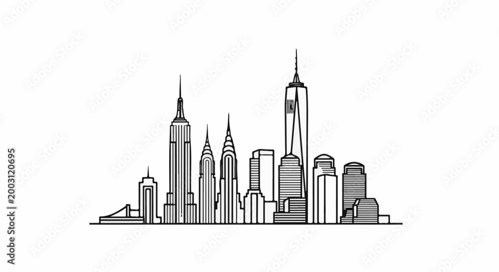 Obraz premium Stylized black and white line drawing of a city skyline at dawn