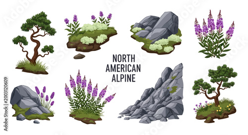 Photos A set of North American Alpine graphic elements including stylized pine trees pu