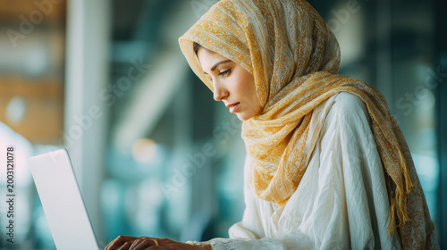 A young, modern Muslim woman wearing a hijab works on a laptop in a coworking space or office, typing on a laptop keyboard, looking at the screen. Businesswoman, computer, programmer, manager.