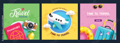 Travel clipart poster set. Time to travel text clip art with suitcase, passport, and camera for summer vacation adventure and business trip promo vector illustration. 
