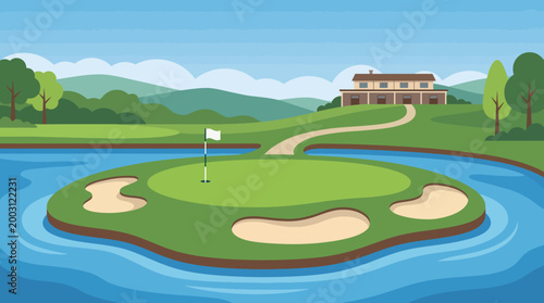 Foto A beautiful illustration of a golf course featuring a serene island green, surrounded by water and trees, capturing the essence of leisure and natural beauty in outdoor sports