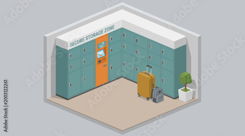 A modern secure storage zone features organized lockers and luggage placed neatly, promising safety and convenience for travelers and patrons needing temporary storage.