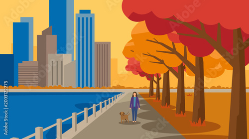 This vibrant city park scene captures a peaceful walkway lined by trees with autumn colors, perfect for showcasing urban life and the beauty of nature in an urban environment.