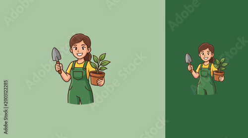 A young gardener is holding a plant and a trowel, exhibiting her passion for gardening and nurturing green life. This image embodies growth, patience, and environmental love.