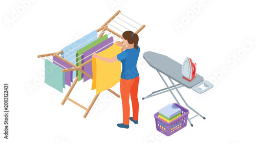 This illustration showcases a woman handling laundry, depicting everyday domestic life and the sense of accomplishment involved in completing household tasks like ironing clothes.