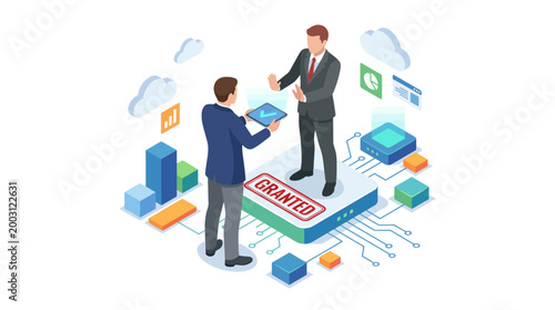 An illustration of two business professionals engaged in a digital transaction, emphasizing trust and the importance of agreements in today's tech-forward environment.