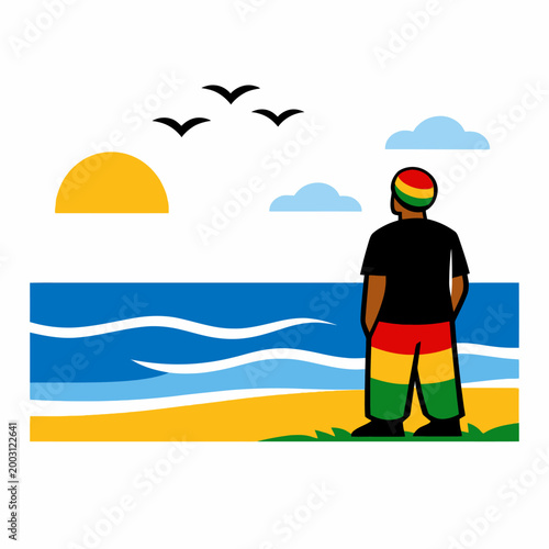 Man with rasta hat looking at the ocean at the beach