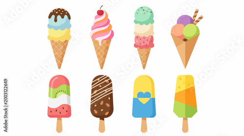 An array of colorful ice cream cones and popsicles showcasing different flavors and textures, evoking delight and nostalgia for sweet summer treats in vibrant designs.
