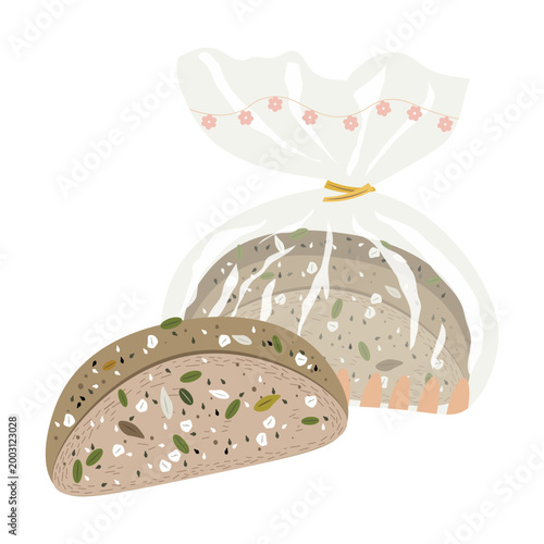 Flat vector illustration of multigrain sliced bread with seeds in a transparent plastic bag. Healthy whole grain bakery product isolated on white background, ideal for food packaging, nutrition concep