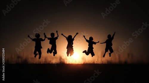 Silhouette of children jumping in the air in front of a sunset